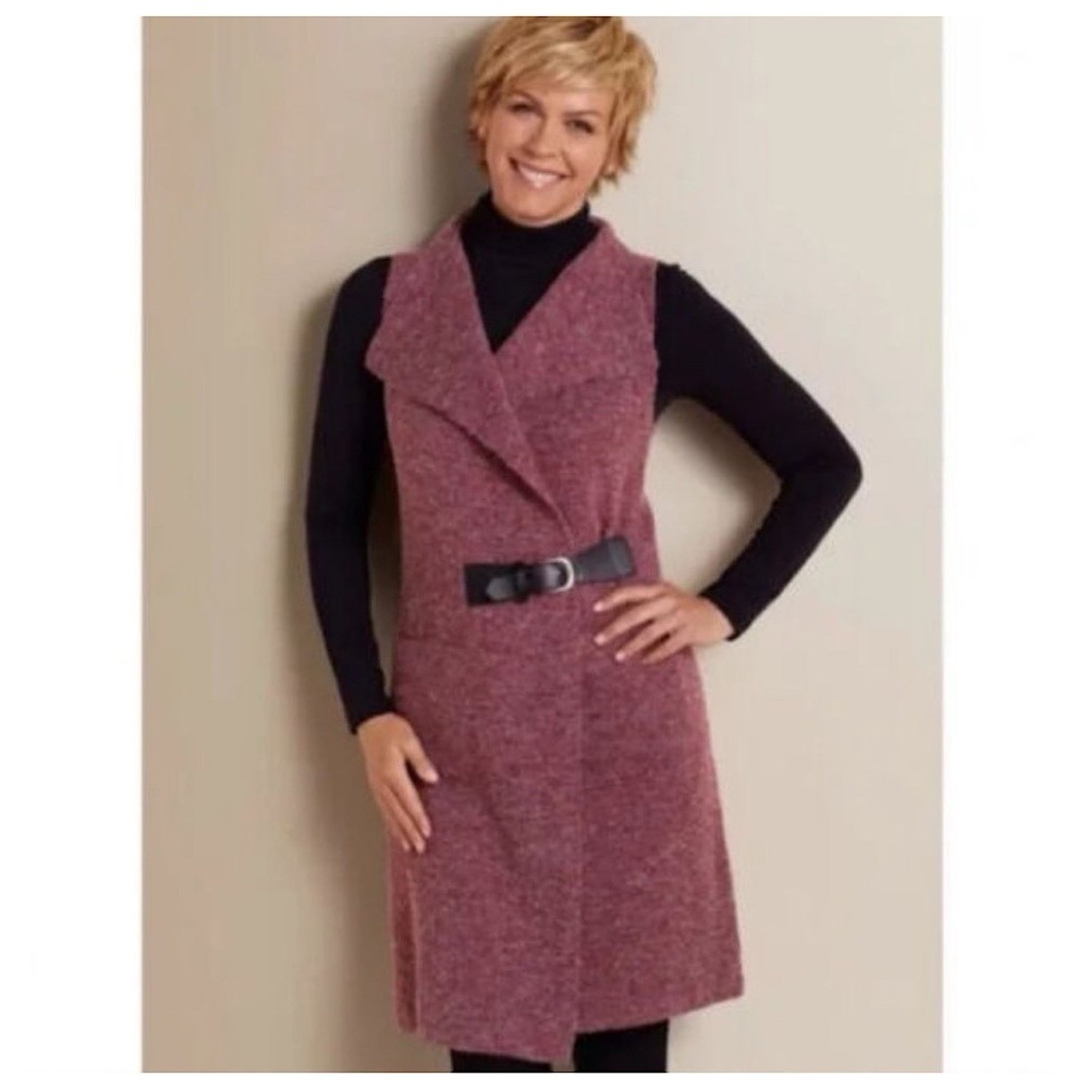 Soft Surroundings Solange Longline Belted Cardigan‎ Sweater Vest Size M Burgundy